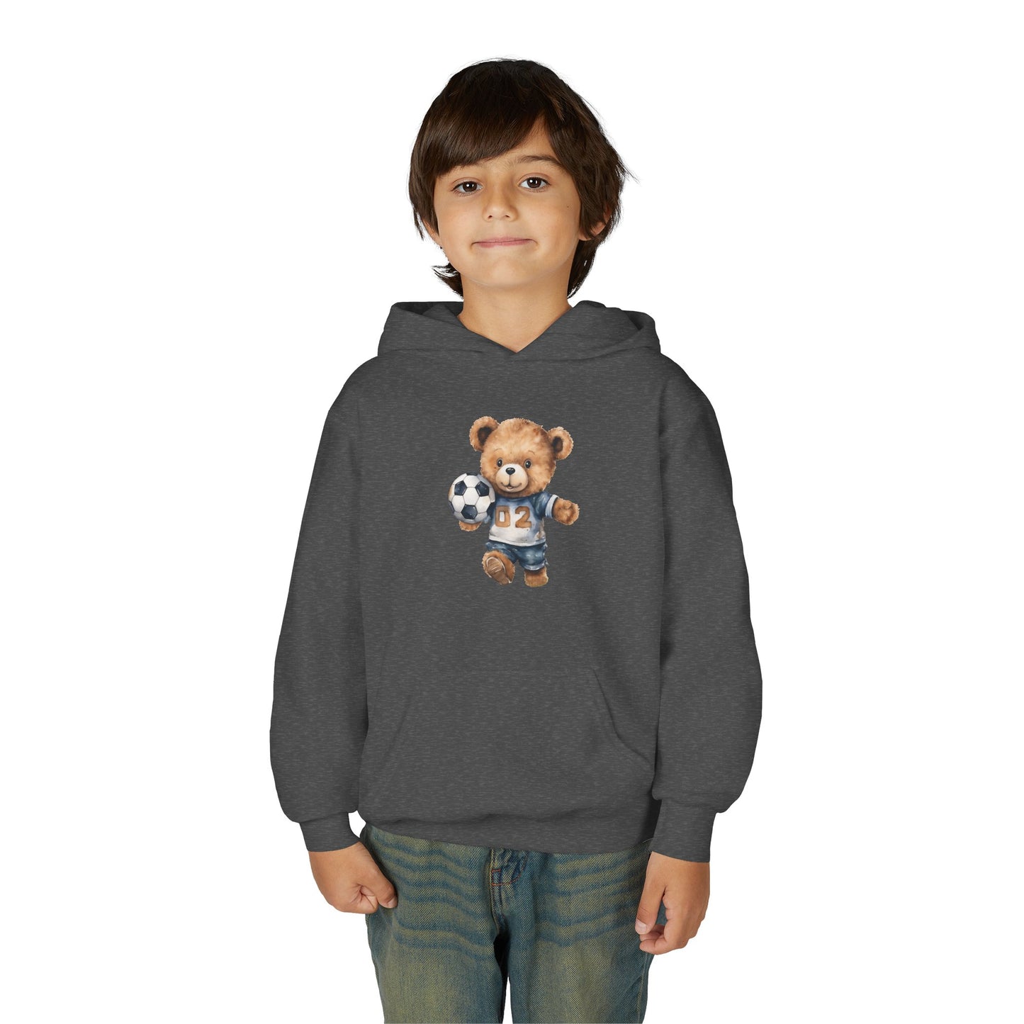 Youth Heavy Blend Hooded Sweatshirt - Adorable Soccer Bear