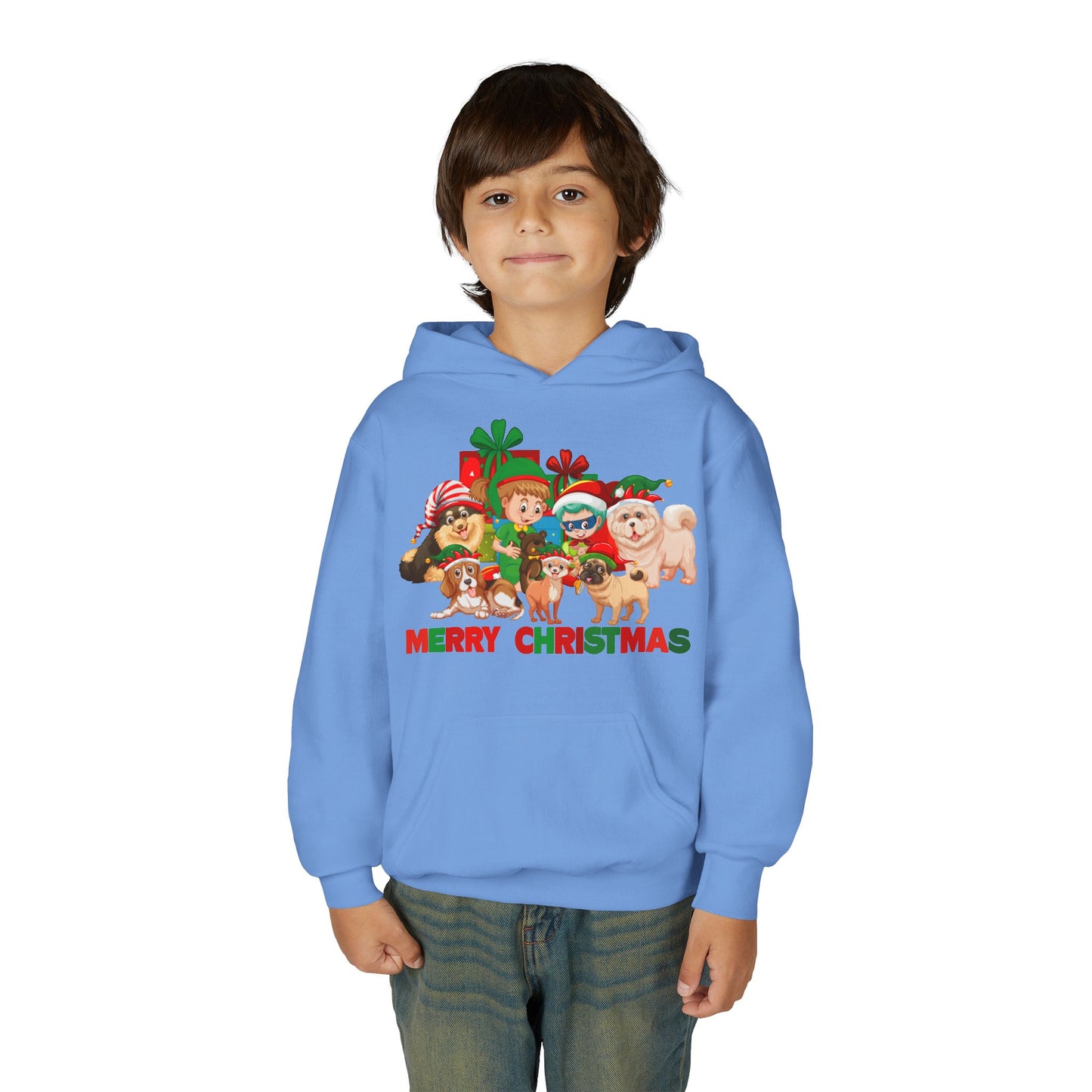 Youth Heavy Blend Hooded Sweatshirt - Christmas with super kiddo pet friends with text