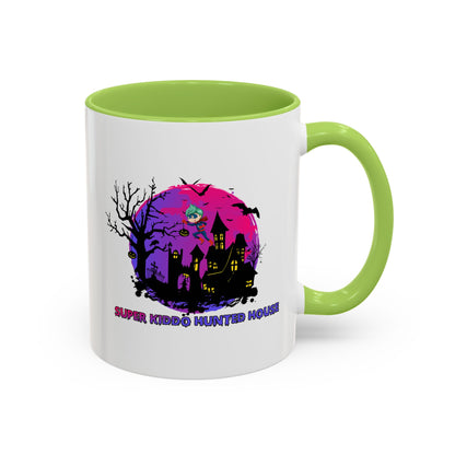 Accent Coffee Mug - Super kiddo flying on hunted house - [[{"value":"Wonderwear Kid"}]]