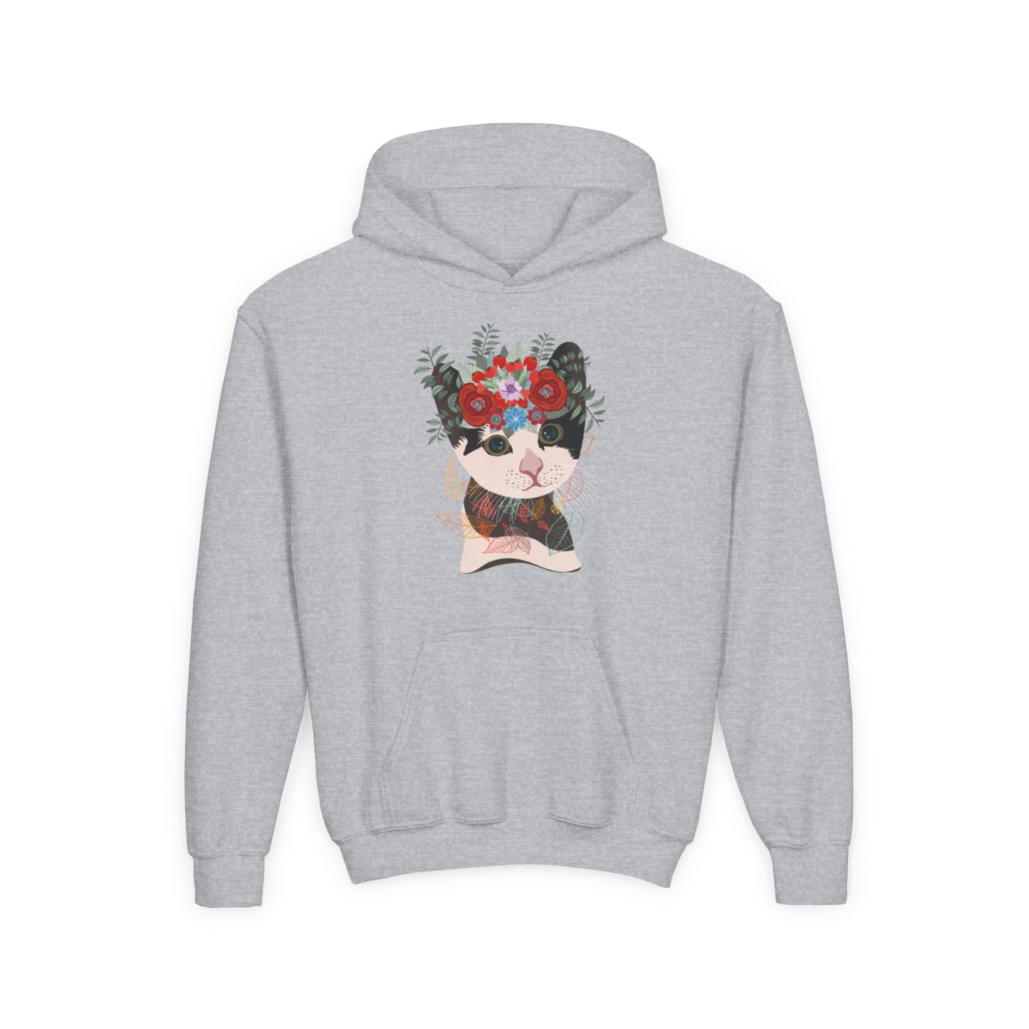 Youth Heavy Blend Hooded Sweatshirt - Lovely cat with crown flower