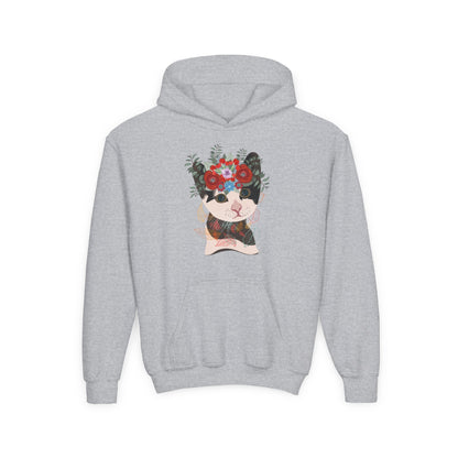 Youth Heavy Blend Hooded Sweatshirt - Lovely cat with crown flower Printify