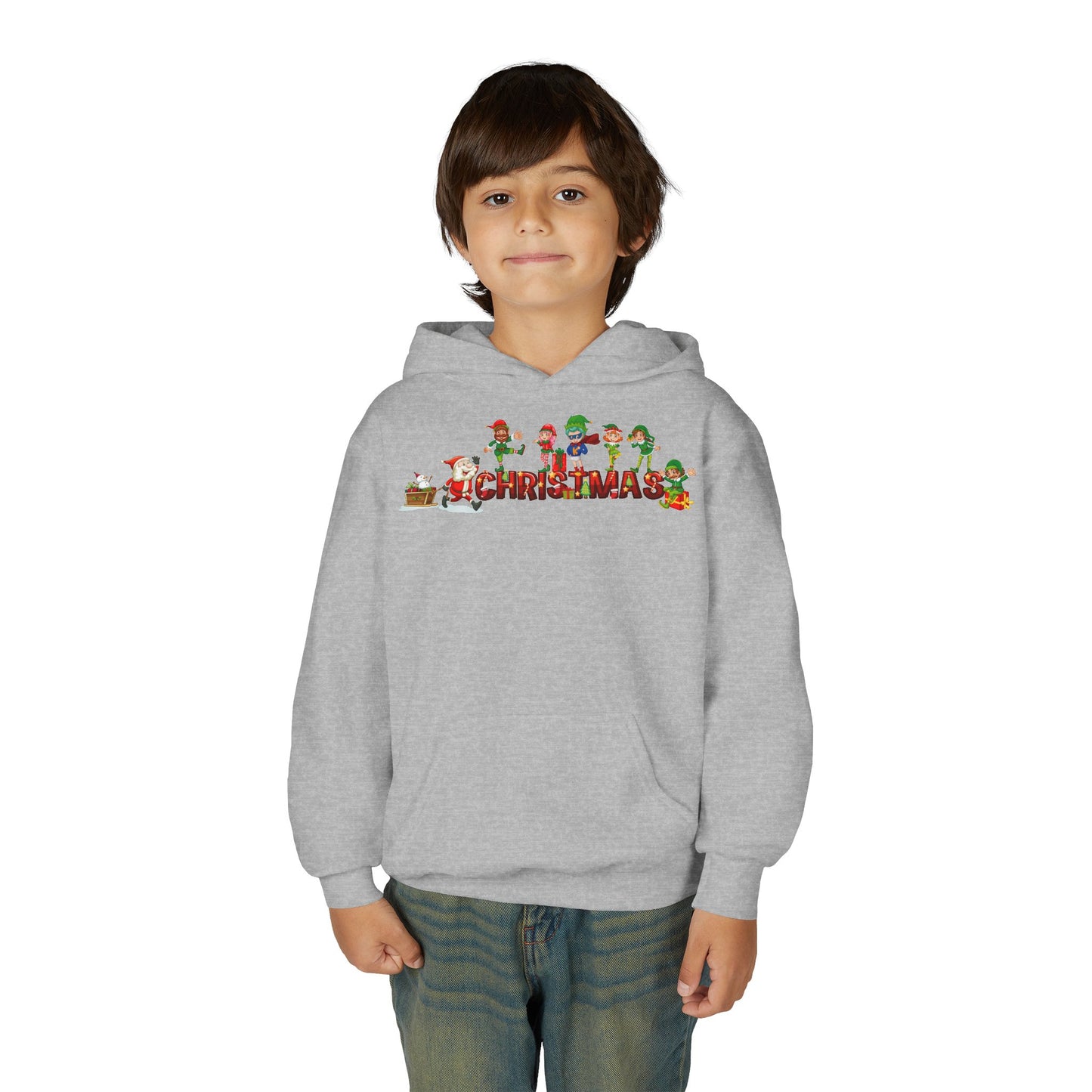 Youth Heavy Blend Hooded Sweatshirt - Christmas with santa claus and friends