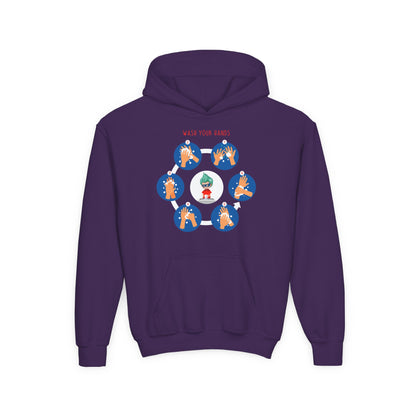 Youth Heavy Blend Hooded Sweatshirt - Super kiddo teaching how to wash hands - [[{"value":"Wonderwear Kid"}]]