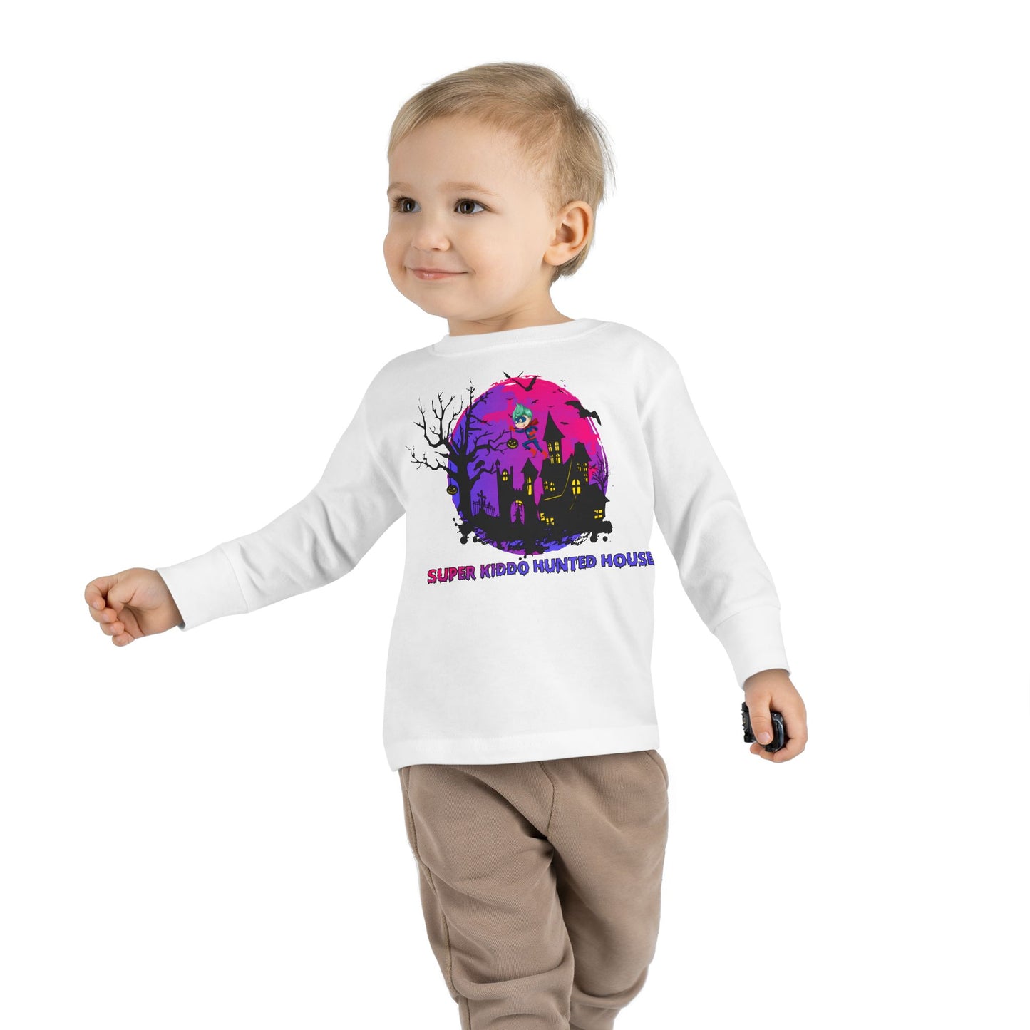 Toddler Long Sleeve Tee - Super kiddo flying on hunted house