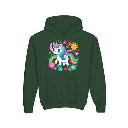 Youth Heavy Blend Hooded Sweatshirt - Unicorn with flowers Printify