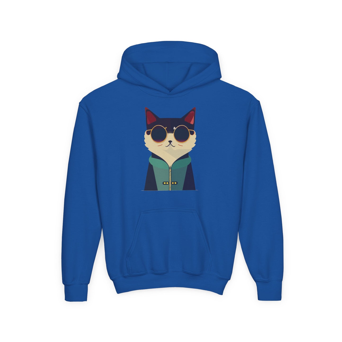 Youth Heavy Blend Hooded Sweatshirt - Cool Cat with Sunglasses