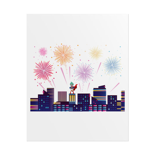Rolled Posters - Super kiddo with fireworks - [[{"value":"Wonderwear Kid"}]]