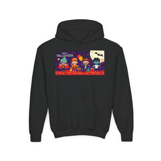Youth Heavy Blend Hooded Sweatshirt - Super kiddo with friends on holloween - [[{"value":"Wonderwear Kid"}]]