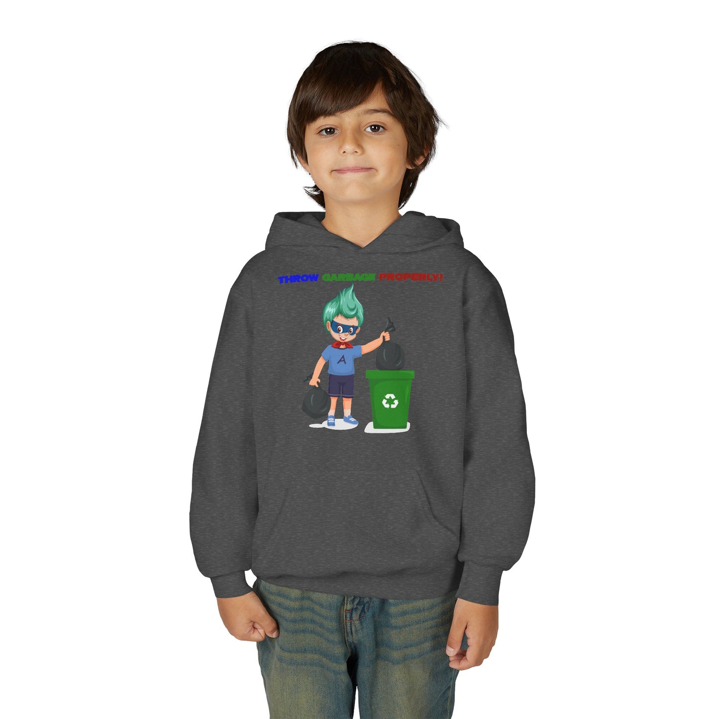 Youth Heavy Blend Hooded Sweatshirt - Super kiddo taking trash out