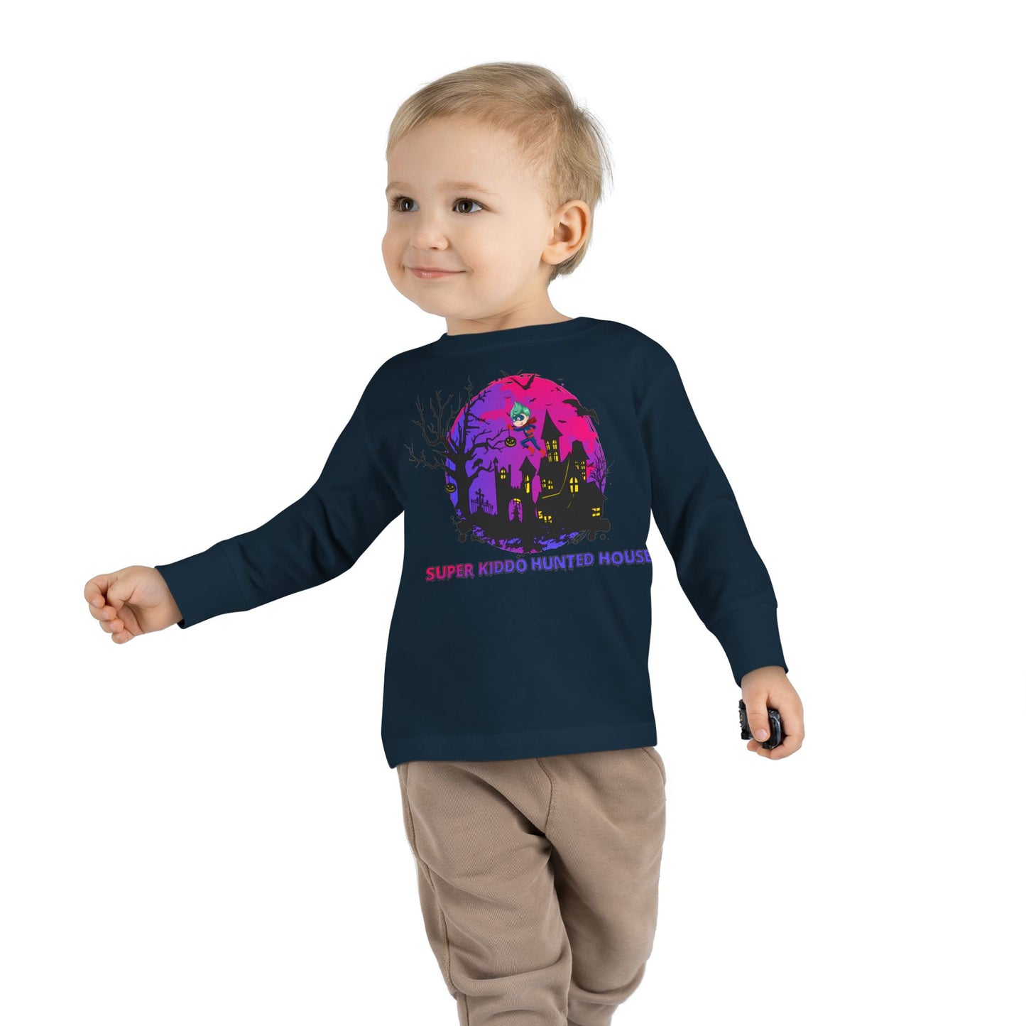 Toddler Long Sleeve Tee - Super kiddo flying on hunted house