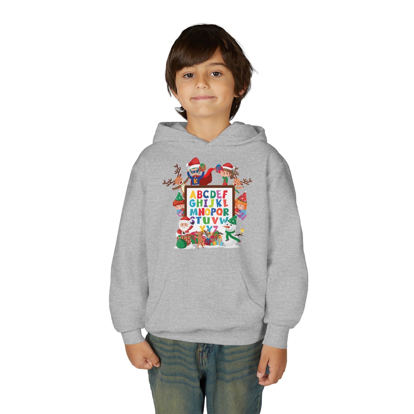 Youth Heavy Blend Hooded Sweatshirt - Christmas alphabet with super kiddo