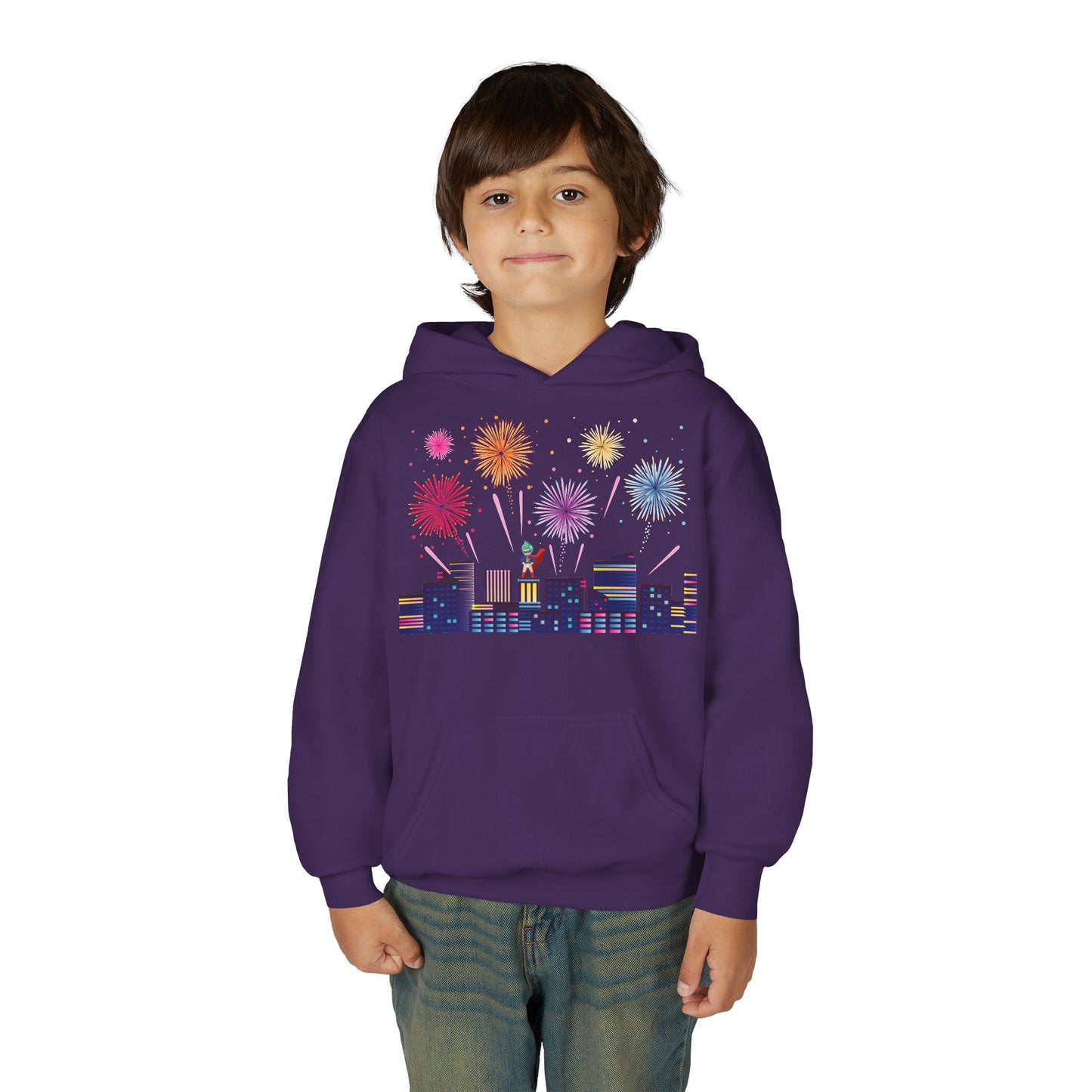 Youth Heavy Blend Hooded Sweatshirt - Super kiddo with fireworks