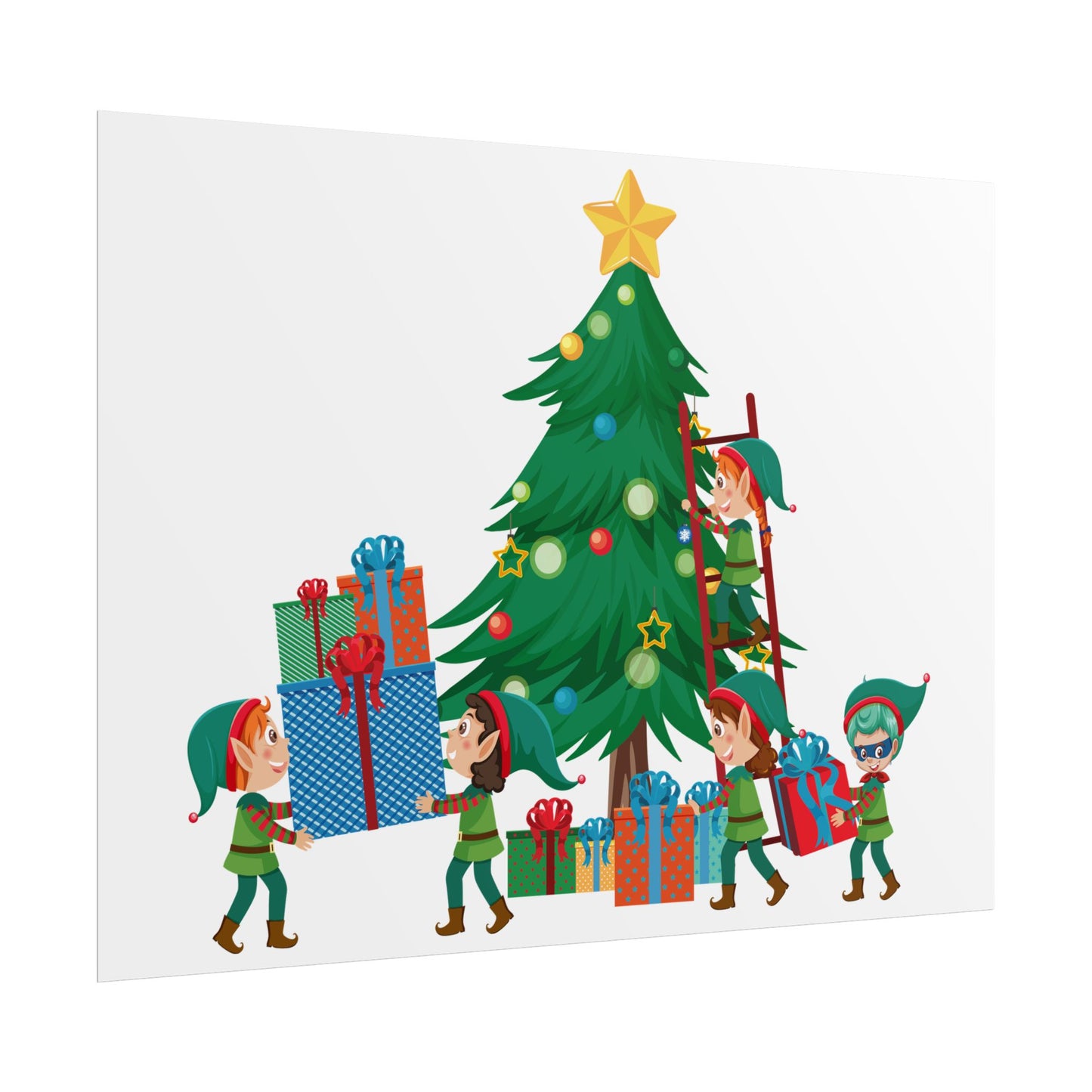 Rolled Posters - Super kiddo putting gifts on christmas tree - [[{"value":"Wonderwear Kid"}]]
