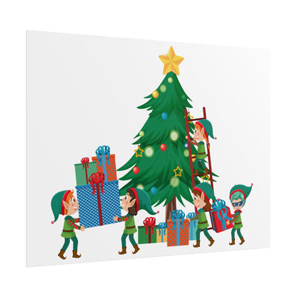 Rolled Posters - Super kiddo putting gifts on christmas tree - [[{"value":"Wonderwear Kid"}]]