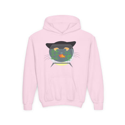 Youth Heavy Blend Hooded Sweatshirt -  Black cat and gold fish Printify