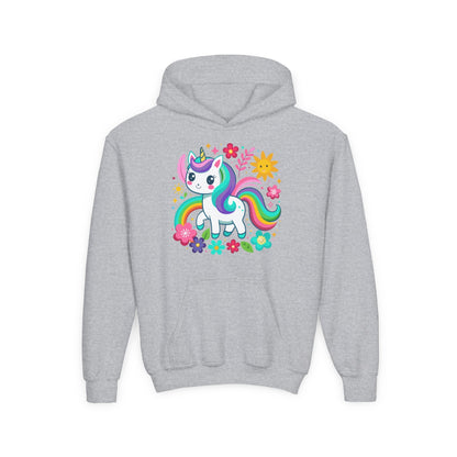 Youth Heavy Blend Hooded Sweatshirt - Unicorn with flowers Printify