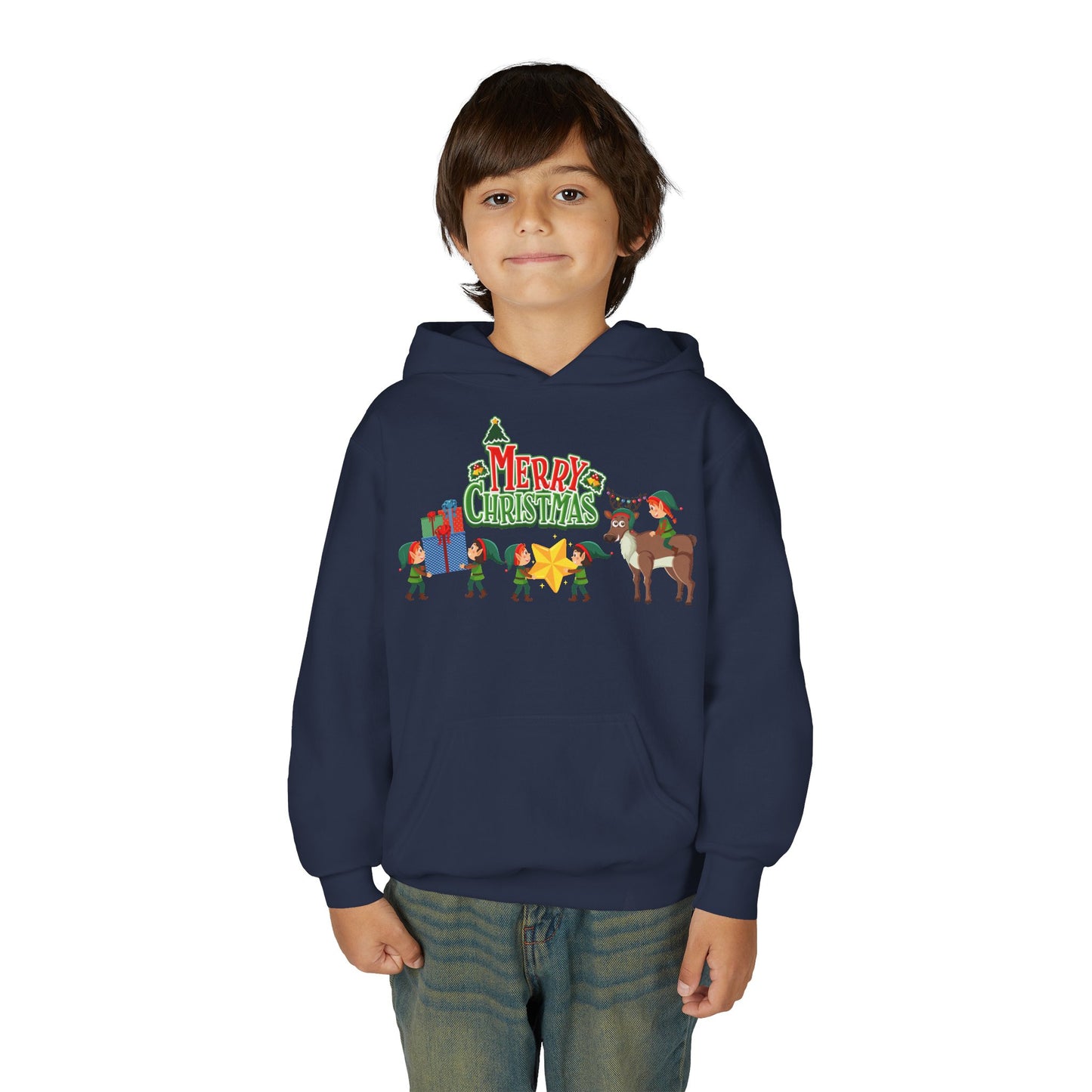 Youth Heavy Blend Hooded Sweatshirt - Merry christmas and reindeer