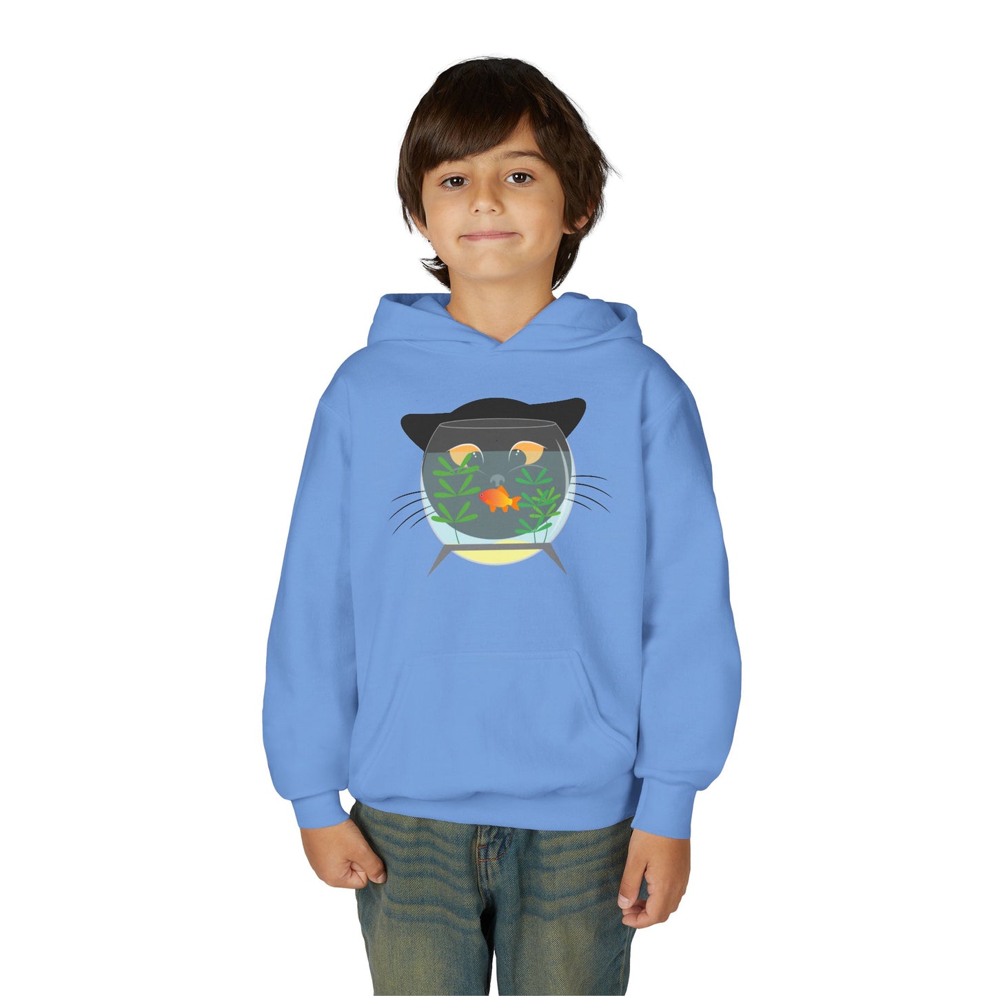 Youth Heavy Blend Hooded Sweatshirt -  Black cat and gold fish