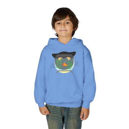 Youth Heavy Blend Hooded Sweatshirt -  Black cat and gold fish Printify