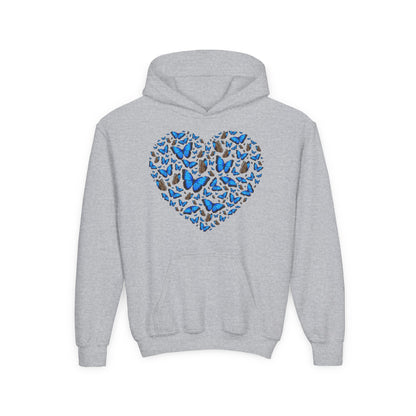 Youth Heavy Blend Hooded Sweatshirt -  Heart shape blue morpho butterfly Printify