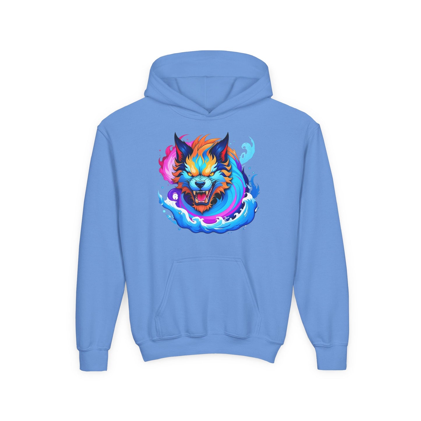 Youth Heavy Blend Hooded Sweatshirt - Vibrant Wolf Design