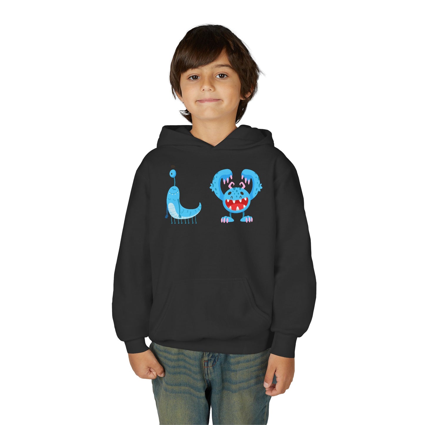 Youth Heavy Blend Hooded Sweatshirt - Happy toothy blue monsters