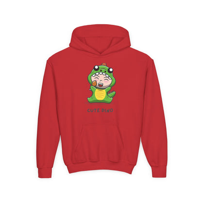 Youth Heavy Blend Hooded Sweatshirt - Green Cute Dino Printify