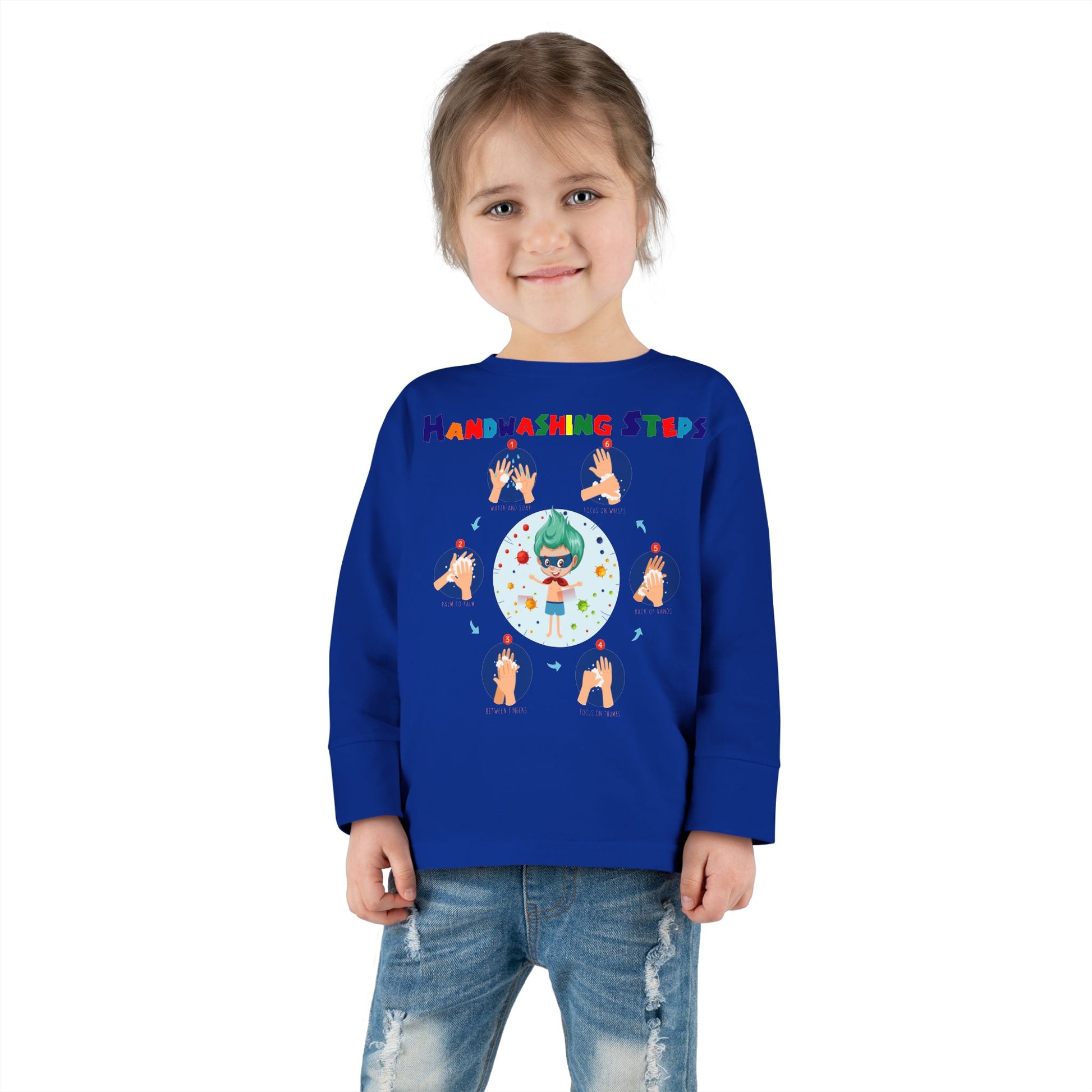 Toddler Long Sleeve Tee - Super kiddo how to wash hand properly - [[{"value":"Wonderwear Kid"}]]