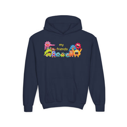Youth Heavy Blend Hooded Sweatshirt - Colorful Monster Friends Printify