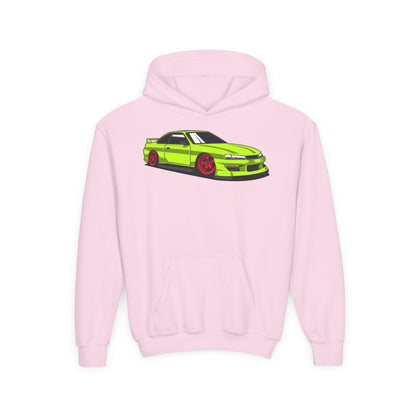 Youth Heavy Blend Hooded Sweatshirt - Yellow green race car Printify
