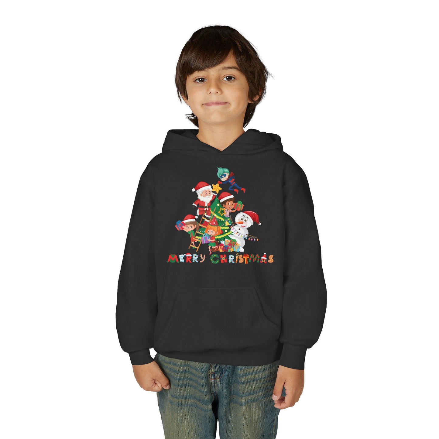 Youth Heavy Blend Hooded Sweatshirt - Super kiddo making christmas tree with text