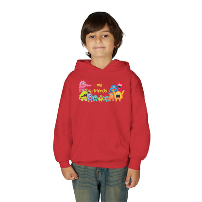 Youth Heavy Blend Hooded Sweatshirt - Colorful Monster Friends Printify