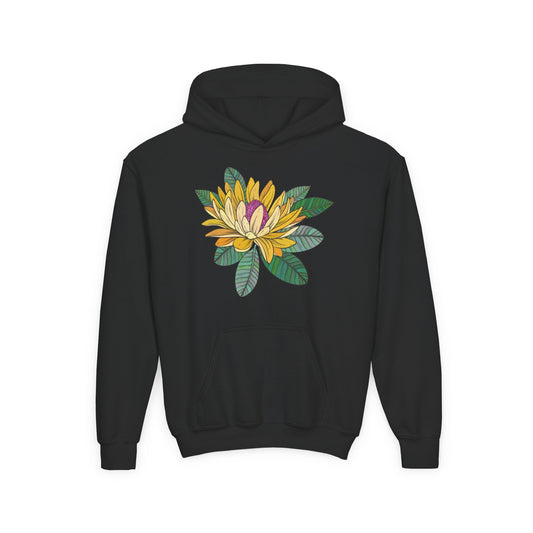 Youth Heavy Blend Hooded Sweatshirt -  Yellow flower Printify