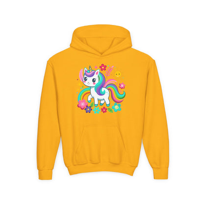 Youth Heavy Blend Hooded Sweatshirt - Unicorn with flowers Printify