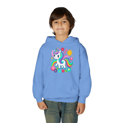 Youth Heavy Blend Hooded Sweatshirt - Unicorn with flowers Printify