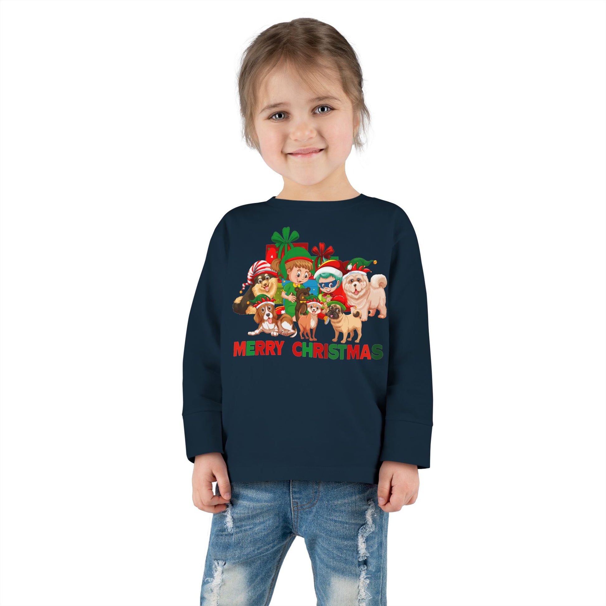 Toddler Long Sleeve Tee - Christmas with super kiddo pet friends with text - [[{"value":"Wonderwear Kid"}]]