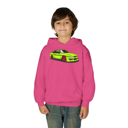 Youth Heavy Blend Hooded Sweatshirt - Yellow green race car Printify