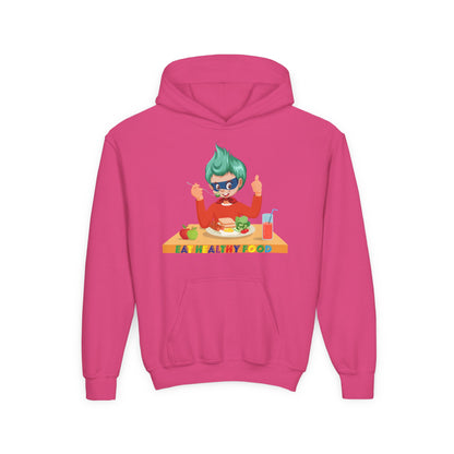 Youth Heavy Blend Hooded Sweatshirt - Super kiddo eating healthy breafast - [[{"value":"Wonderwear Kid"}]]