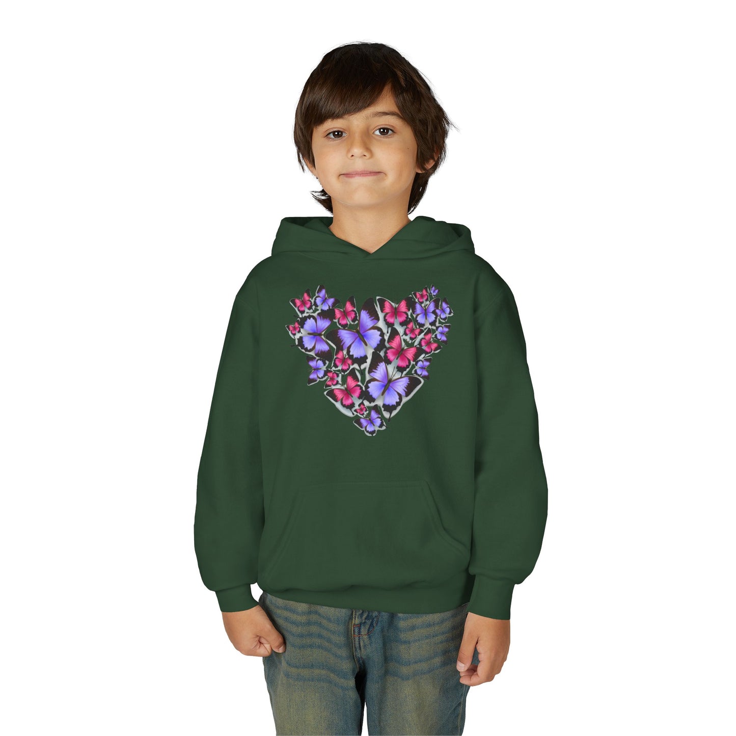 Youth Heavy Blend Hooded Sweatshirt -  Heart shape monarch butterfly