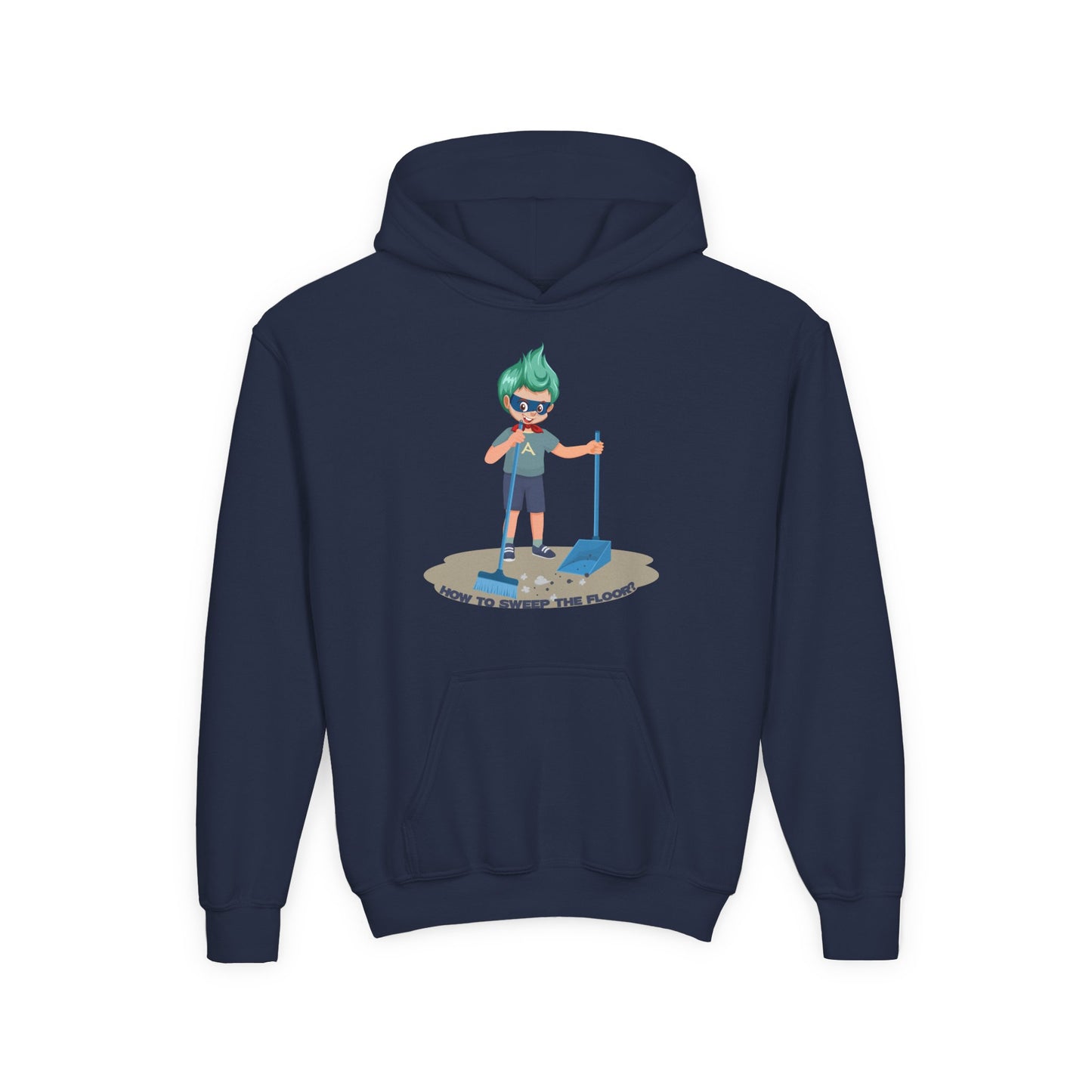 Youth Heavy Blend Hooded Sweatshirt - Super kiddo sweeping floor