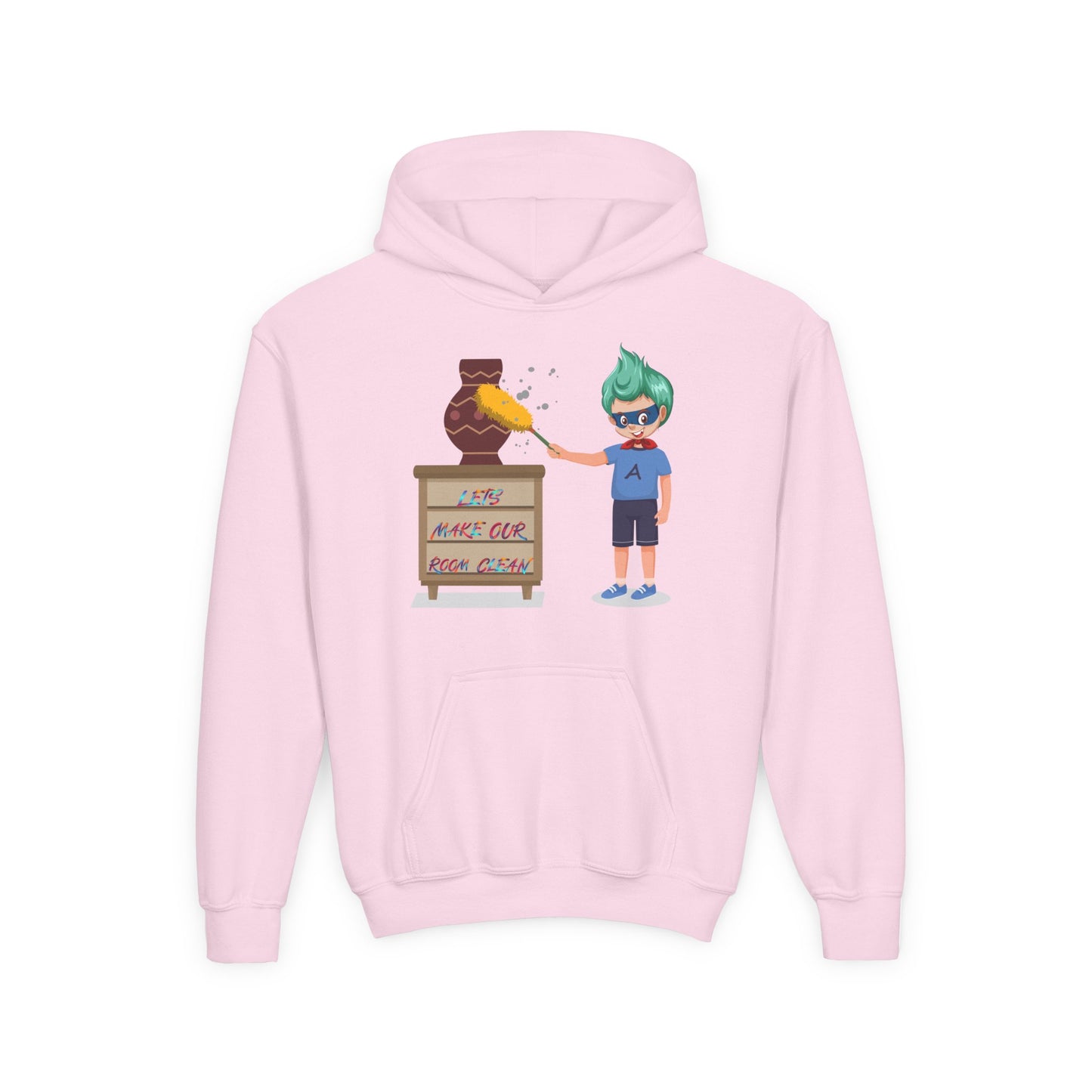 Youth Heavy Blend Hooded Sweatshirt - Super kiddo cleaning a vase