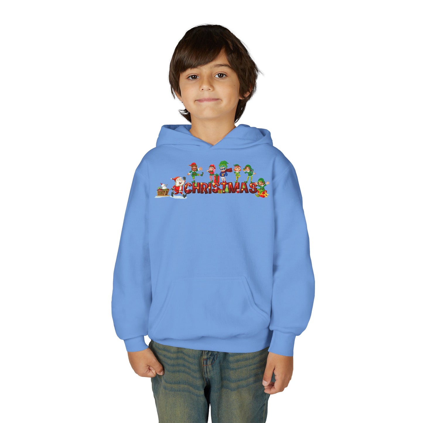 Youth Heavy Blend Hooded Sweatshirt - Christmas with santa claus and friends