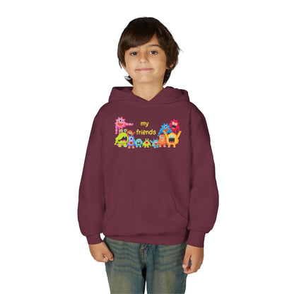 Youth Heavy Blend Hooded Sweatshirt - Colorful Monster Friends Printify