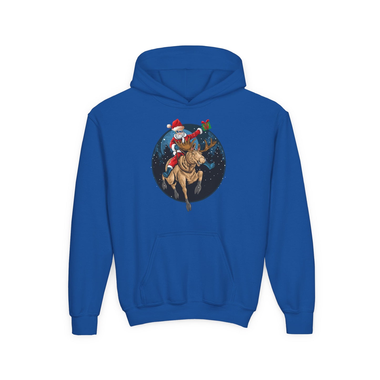 Youth Heavy Blend Hooded Sweatshirt - Super kiddo riding a reindeer