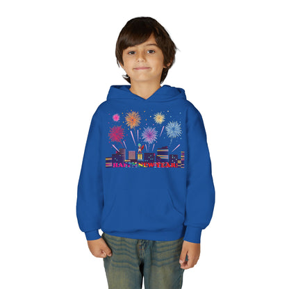 Youth Heavy Blend Hooded Sweatshirt - Super kiddo with fireworks with text - [[{"value":"Wonderwear Kid"}]]