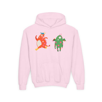 Youth Heavy Blend Hooded Sweatshirt - Monsters in action Printify
