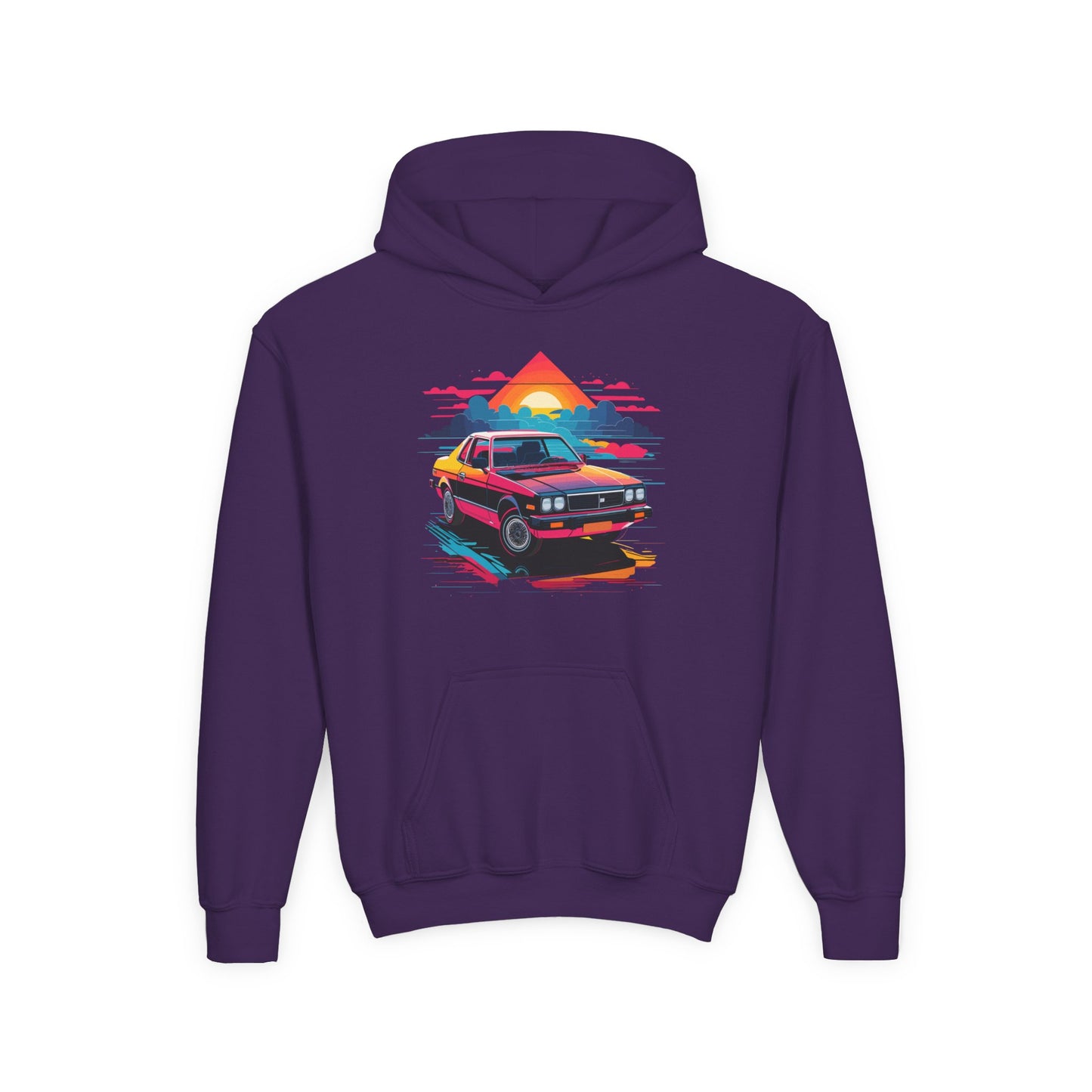 Youth Heavy Blend Hooded Sweatshirt - Retro Car and Sunset