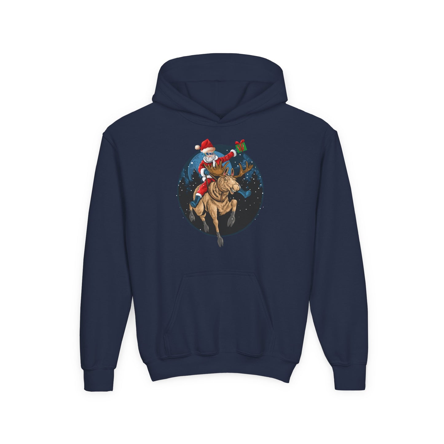 Youth Heavy Blend Hooded Sweatshirt - Super kiddo riding a reindeer