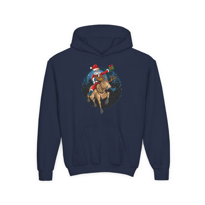 Youth Heavy Blend Hooded Sweatshirt - Super kiddo riding a reindeer - [[{"value":"Wonderwear Kid"}]]