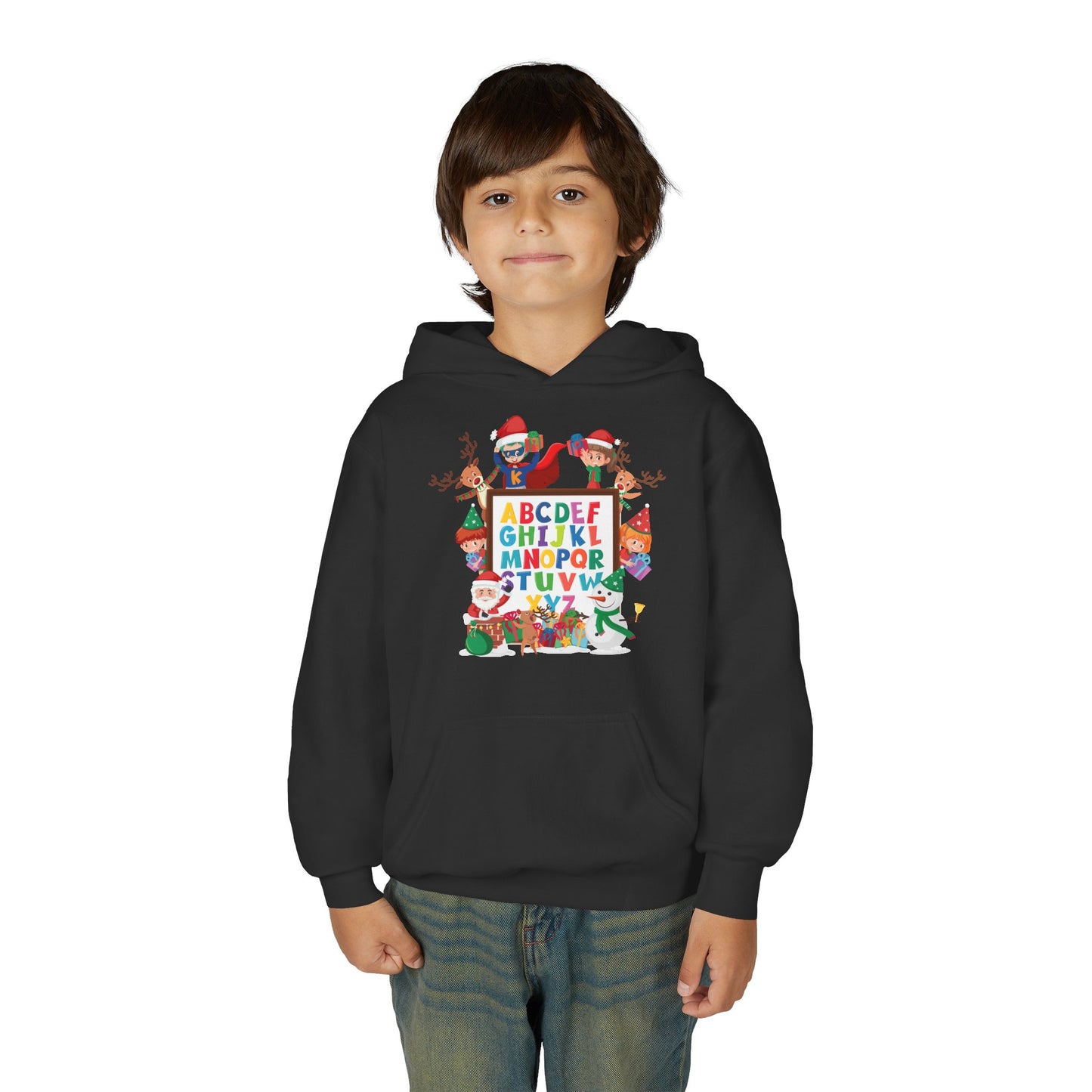 Youth Heavy Blend Hooded Sweatshirt - Christmas alphabet with super kiddo